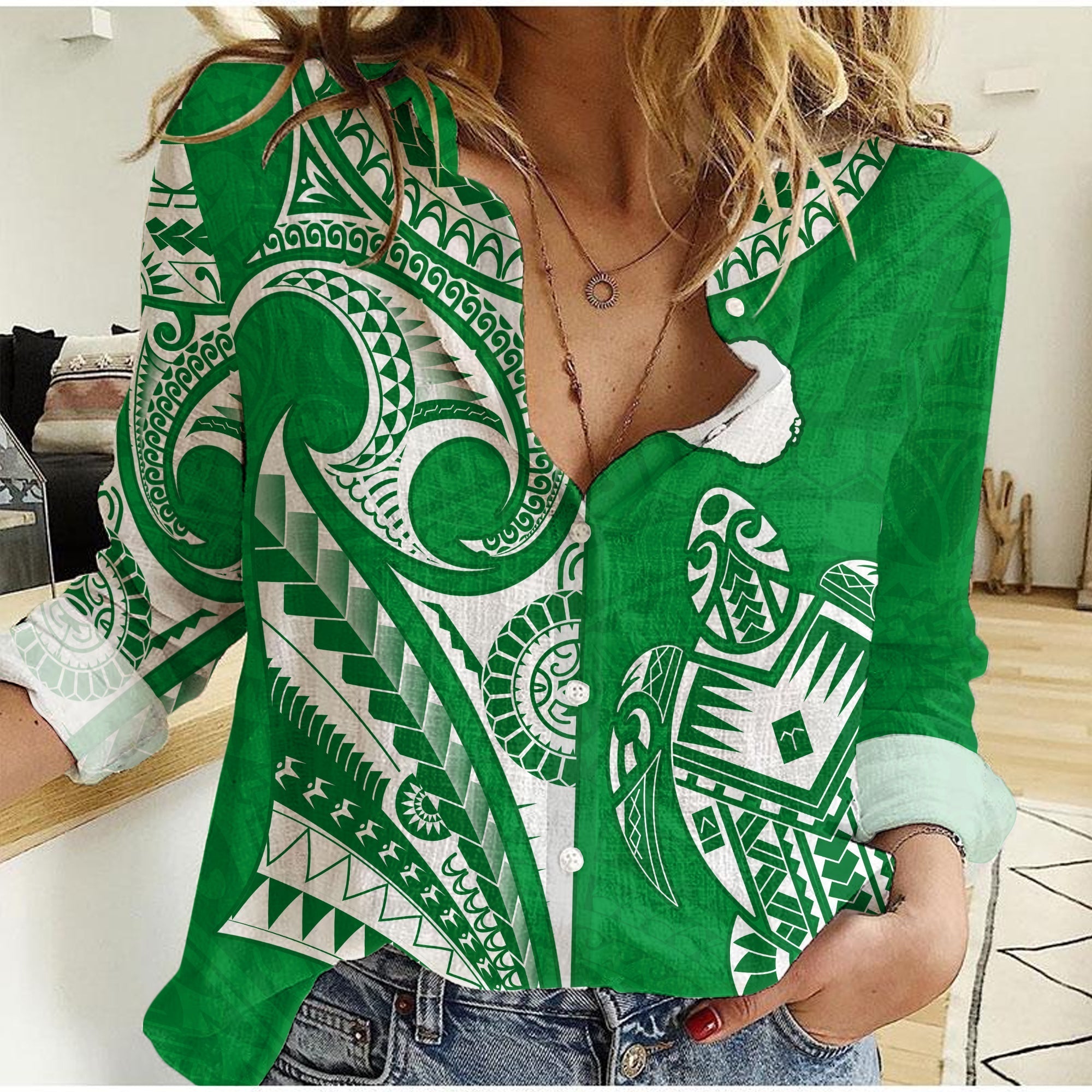 Rarotonga Cook Islands Women Casual Shirt Turtle and Map Style Green LT13 - Wonder Print Shop