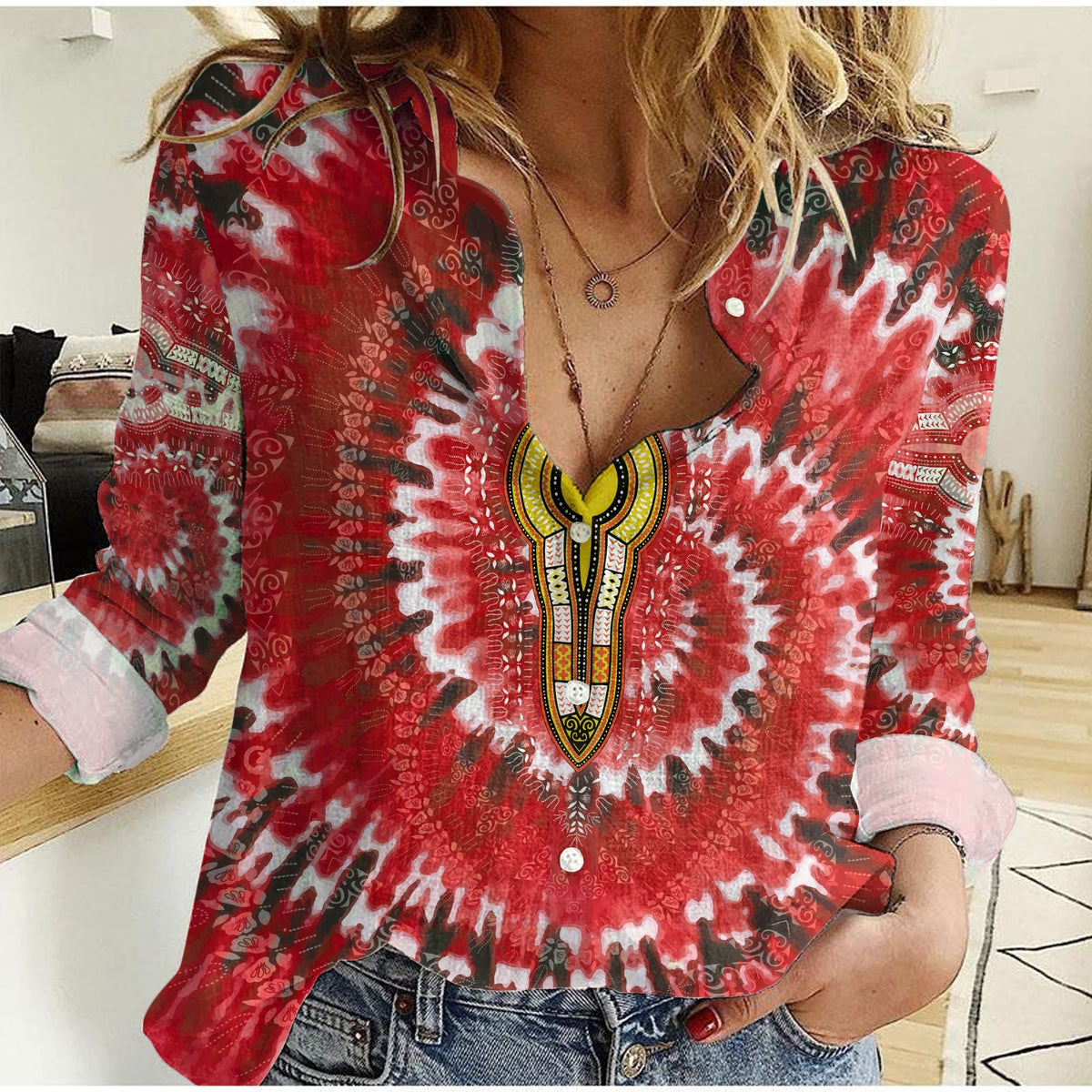 (Custom Personalised) Africa Tie Dye Women Casual Shirt Dress Red Fashion LT13 - Wonder Print Shop
