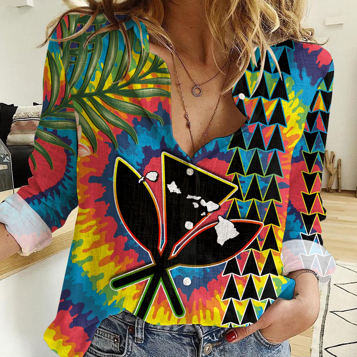 (Custom Personalised) Hawaii Rainbow Tie Dye Women Casual Shirt Dress Flowers Polynesian Hawaiian Tribal LT13 - Wonder Print Shop