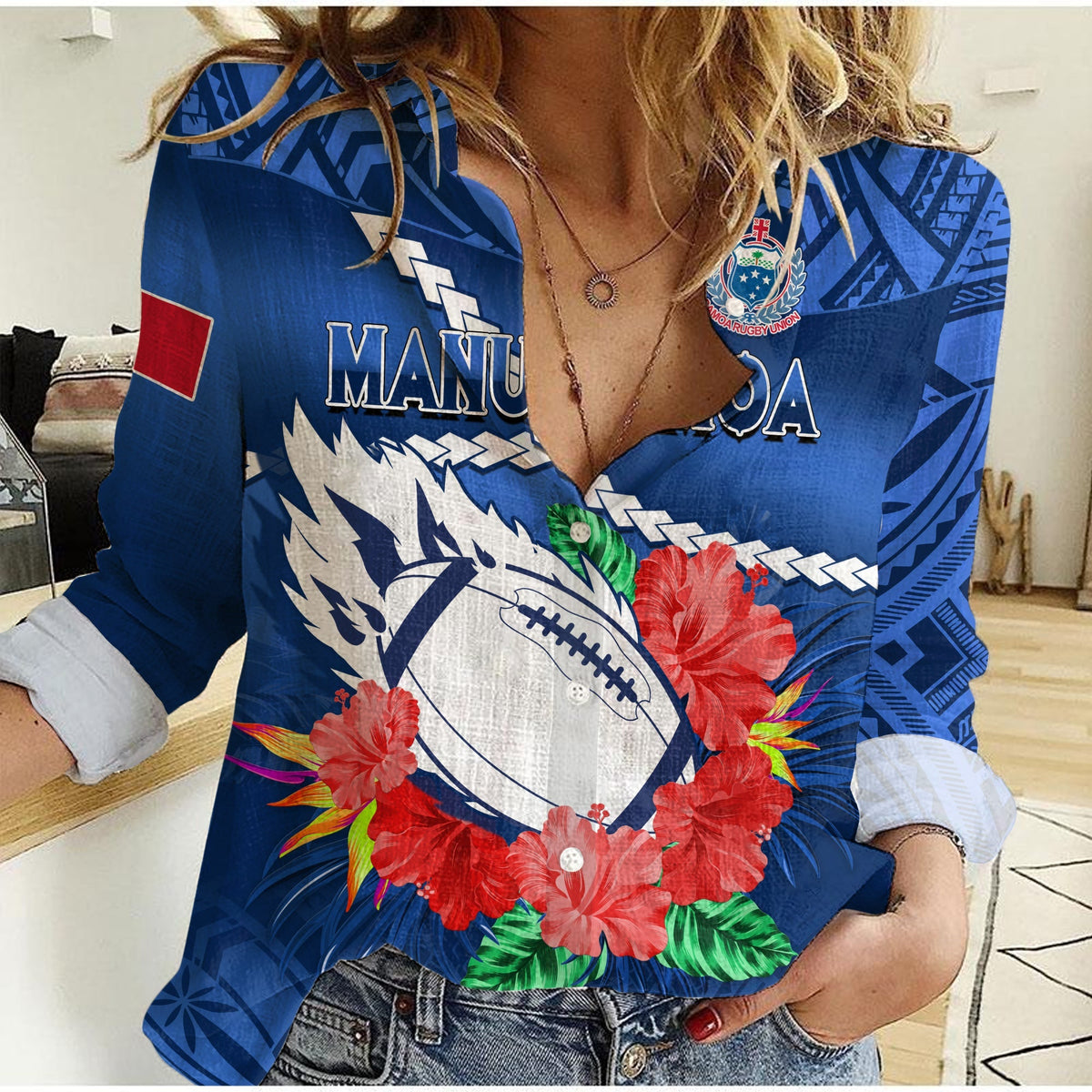 Samoa Rugby Women Casual Shirt Manu Samoa Polynesian Hibiscus Blue Style - Wonder Print Shop
