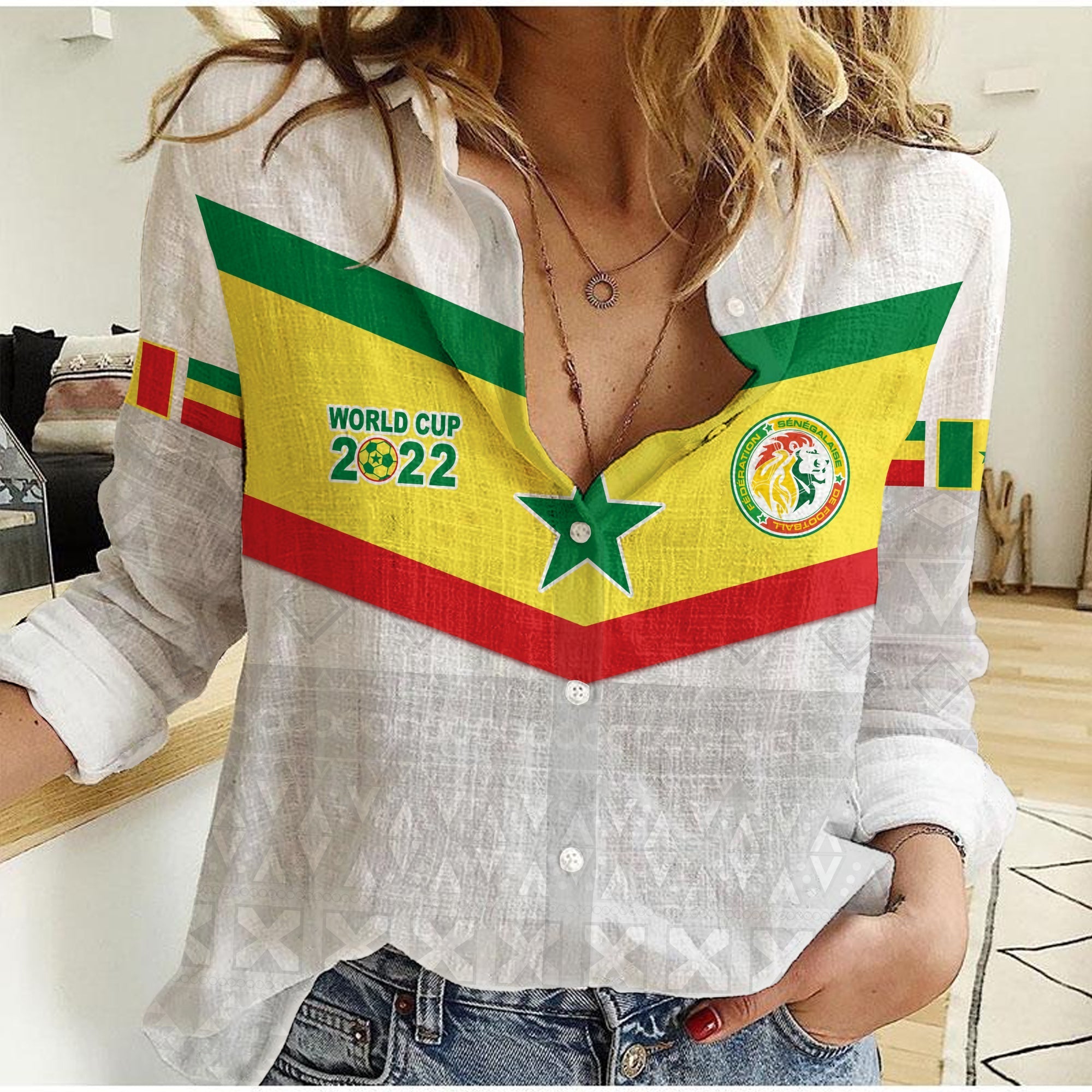 (Custom Personalised) Senegal Football 2022 Women Casual Shirt Champion Teranga Lions Mix African Pattern LT13 - Wonder Print Shop