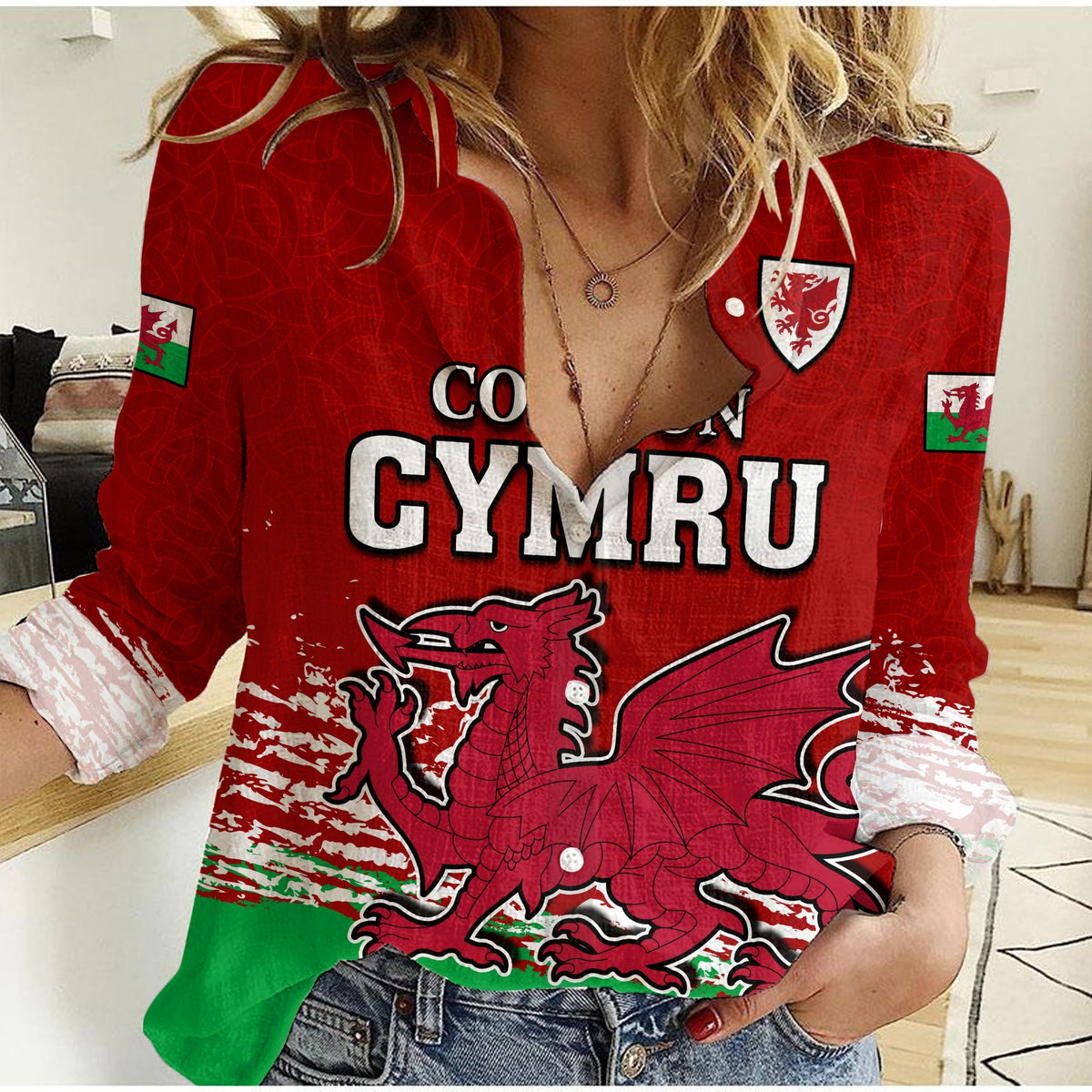 (Custom Personalised) Wales Football 2022 Women Casual Shirt Come On CYMRU The Red Wall LT13 - Wonder Print Shop