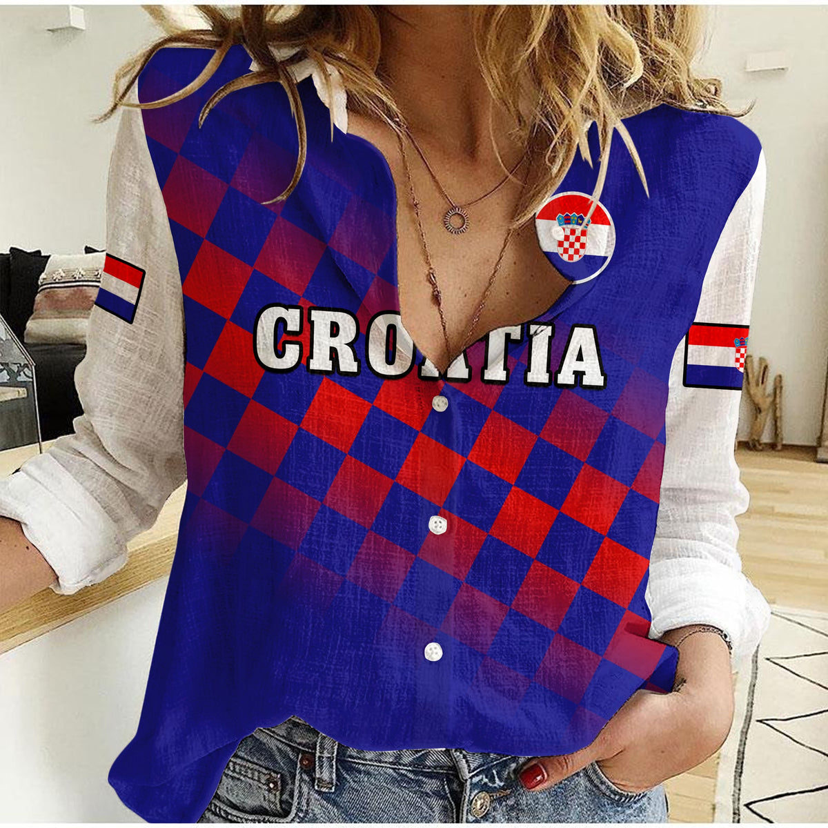(Custom Text And Number) Croatia Football Women Casual Shirt Hrvatska Checkerboard Blue Version - Wonder Print Shop