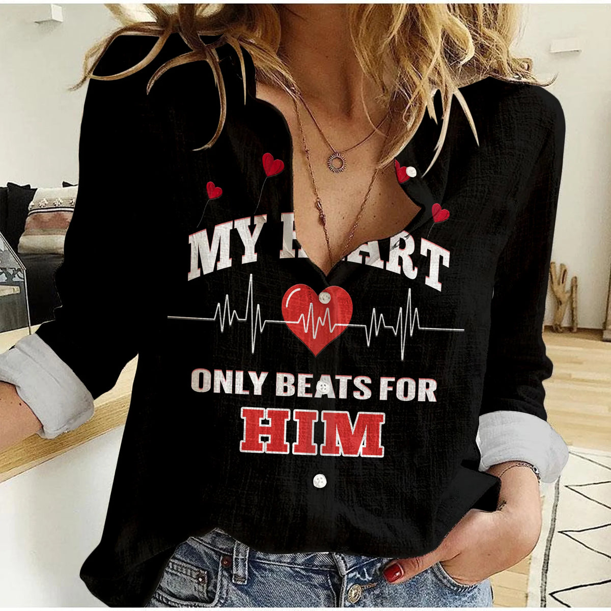 (Custom Personalised) American Valentines Day Women Casual Shirt Shirt Black My Heart Only Beats For Him - Wonder Print Shop