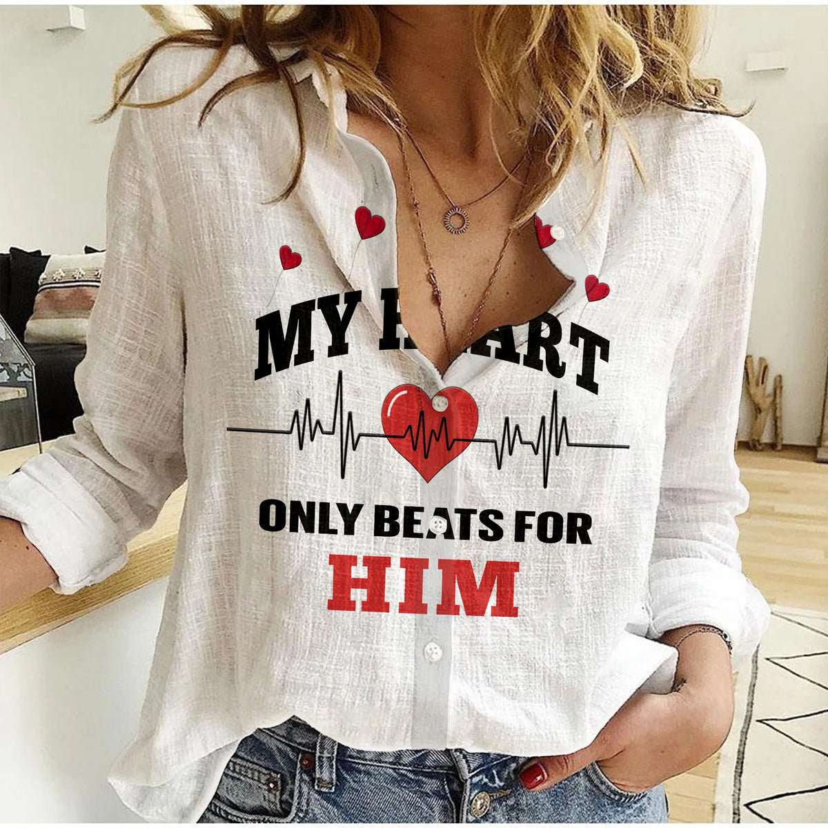 (Custom Personalised) American Valentines Day Women Casual Shirt Shirt White My Heart Only Beats For Him - Wonder Print Shop
