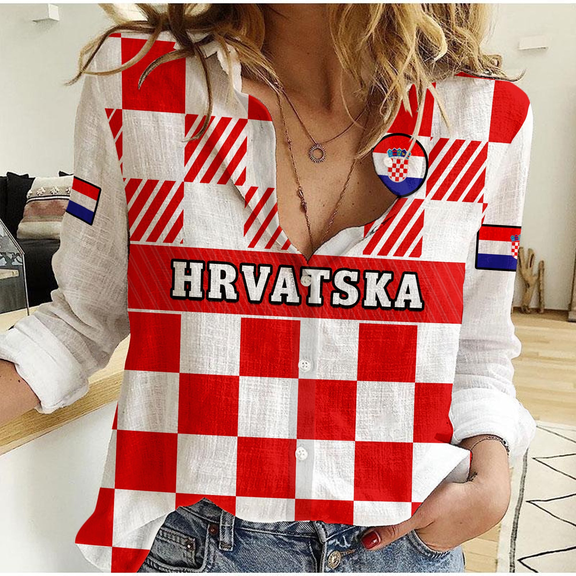 (Custom Text And Number) Croatia Football Women Casual Shirt Hrvatska Checkerboard Red Version - Wonder Print Shop