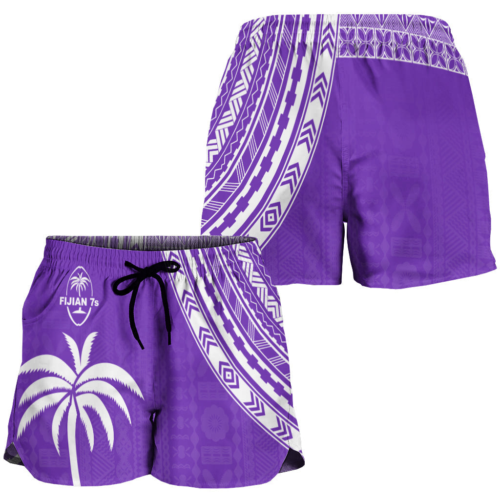 Women's purple rugby sevens shorts with geometric print panel, elastic waist and drawstring
