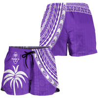 Women's purple rugby sevens shorts with geometric print panel, elastic waist and drawstring