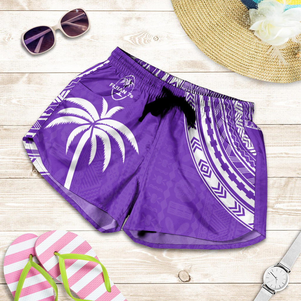 Women's purple rugby sevens shorts with palm print, black drawstring, geometric side panel