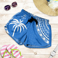 Women's blue rugby shorts with white palm and geometric print, elastic waist and drawstring