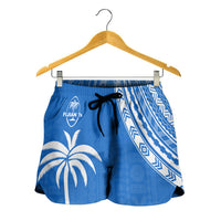 Women's blue rugby shorts on hanger, white geometric print, elastic waistband with black tie