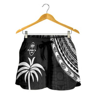 Women’s black rugby sevens shorts with palm graphic and white geometric side print