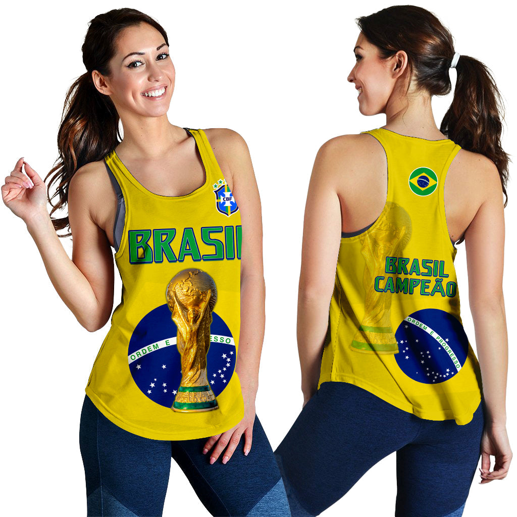 Yellow racerback tank shown front and back with Brazil crest and BRASIL design