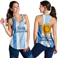 Argentina women's racerback tank, front and back with 'Vamos Argentina' and sun crest
