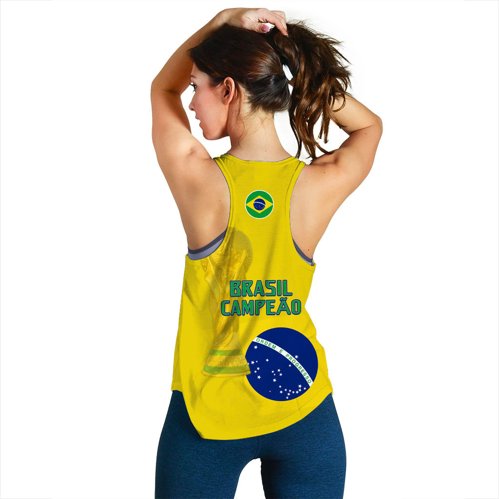Yellow women's racerback tank back view with Brazil crest and BRASIL CAMPEAO text