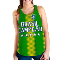 Green women's racerback tank top with 'BRASIL CAMPEÃO' text and five stars