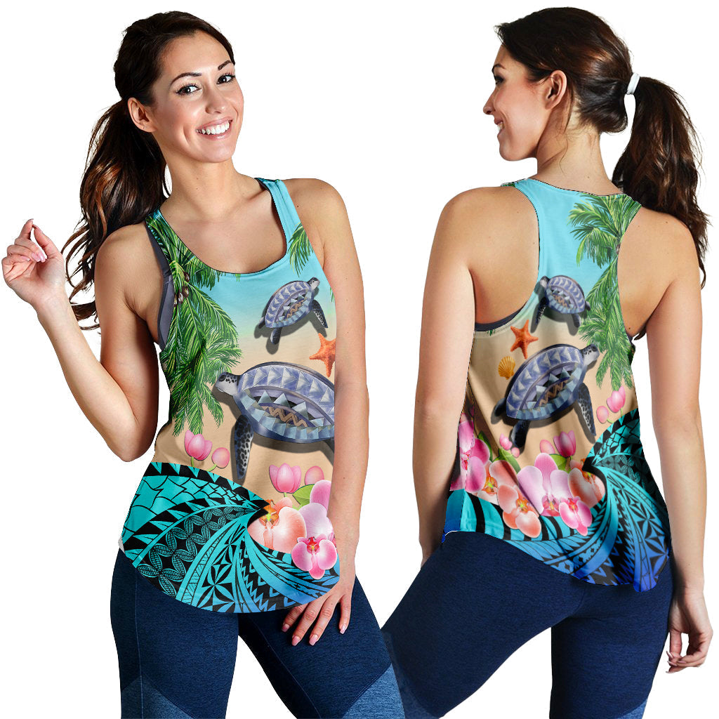 Polynesian Turtle Coconut Tree And Orchids Women Racerback Tank - Wonder Print Shop