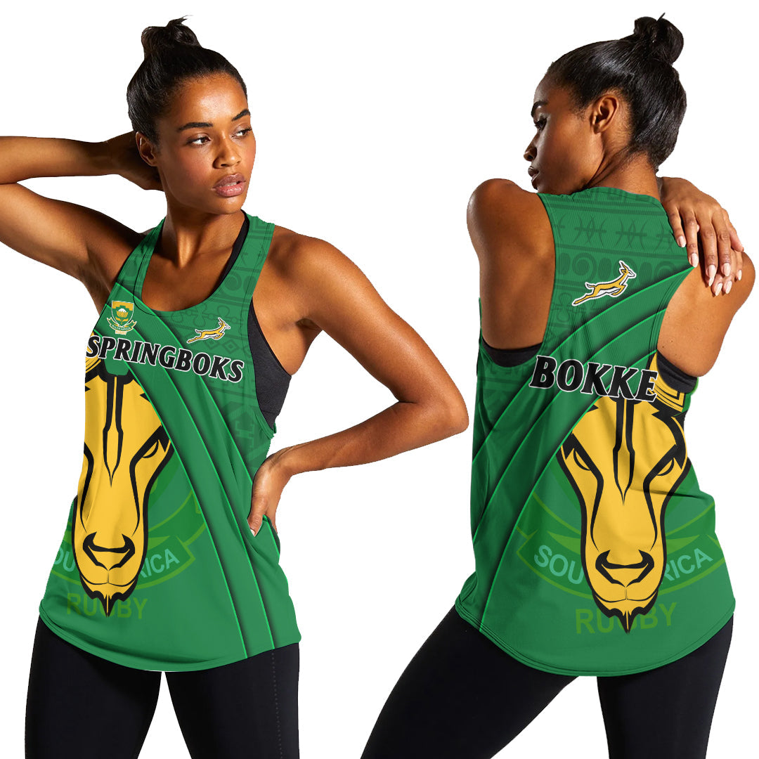 South Africa Rugby Women Racerback Tank Bokke Springbok With African Pattern Stronger Together - Wonder Print Shop