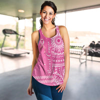 Pink racerback tank with Tongan pattern, breast cancer ribbon, front text graphic
