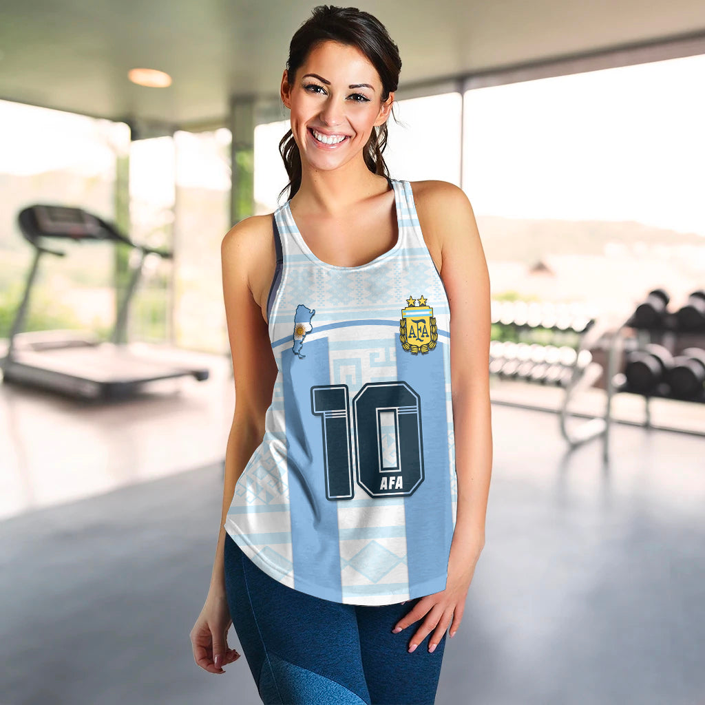 (Custom Text And Number) Argentina Football 2022 Women Racerback Tank Vamos La Albiceleste - Wonder Print Shop
