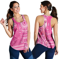 Pink racerback tank with Tongan-style print and breast cancer ribbon, front/back views