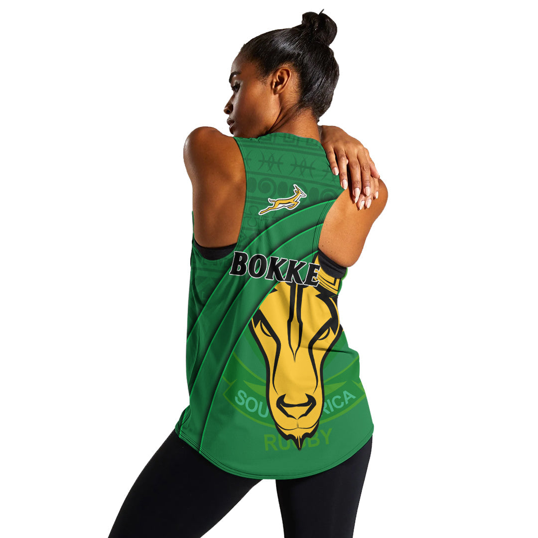 South Africa Rugby Women Racerback Tank Bokke Springbok With African Pattern Stronger Together - Wonder Print Shop