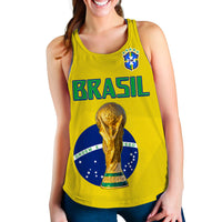 Yellow Brazil women's racerback tank with front Brazil crest, BRASIL text and trophy