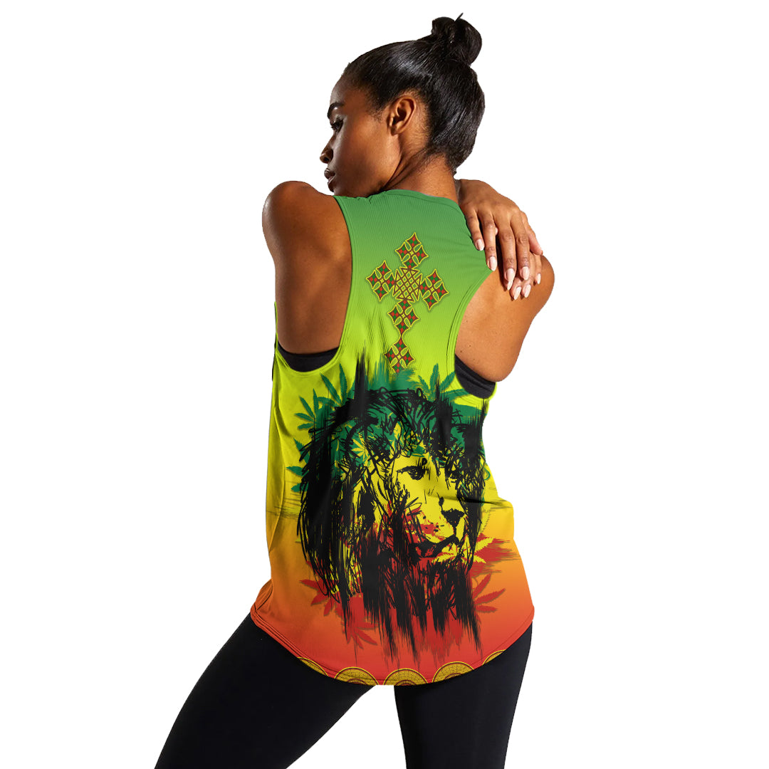 Back view racerback tank in neon green with cross motif and lion graphic along hem