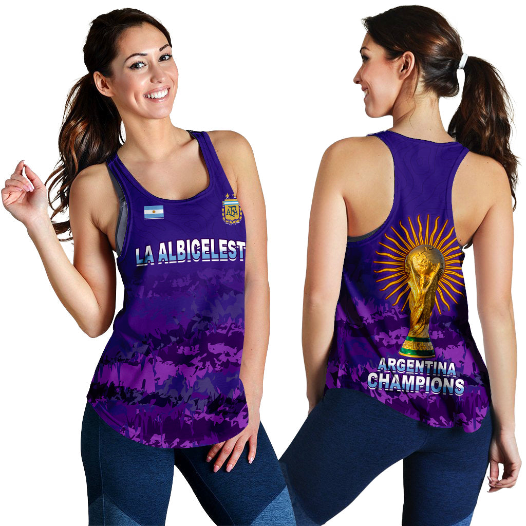 Purple Women's racerback tank top with front LA ALBICELESTE and back trophy ARGENTINA CHAMPIONS.