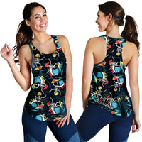 Women’s racerback tank top, dark graphic surf skeletons shown from front and back