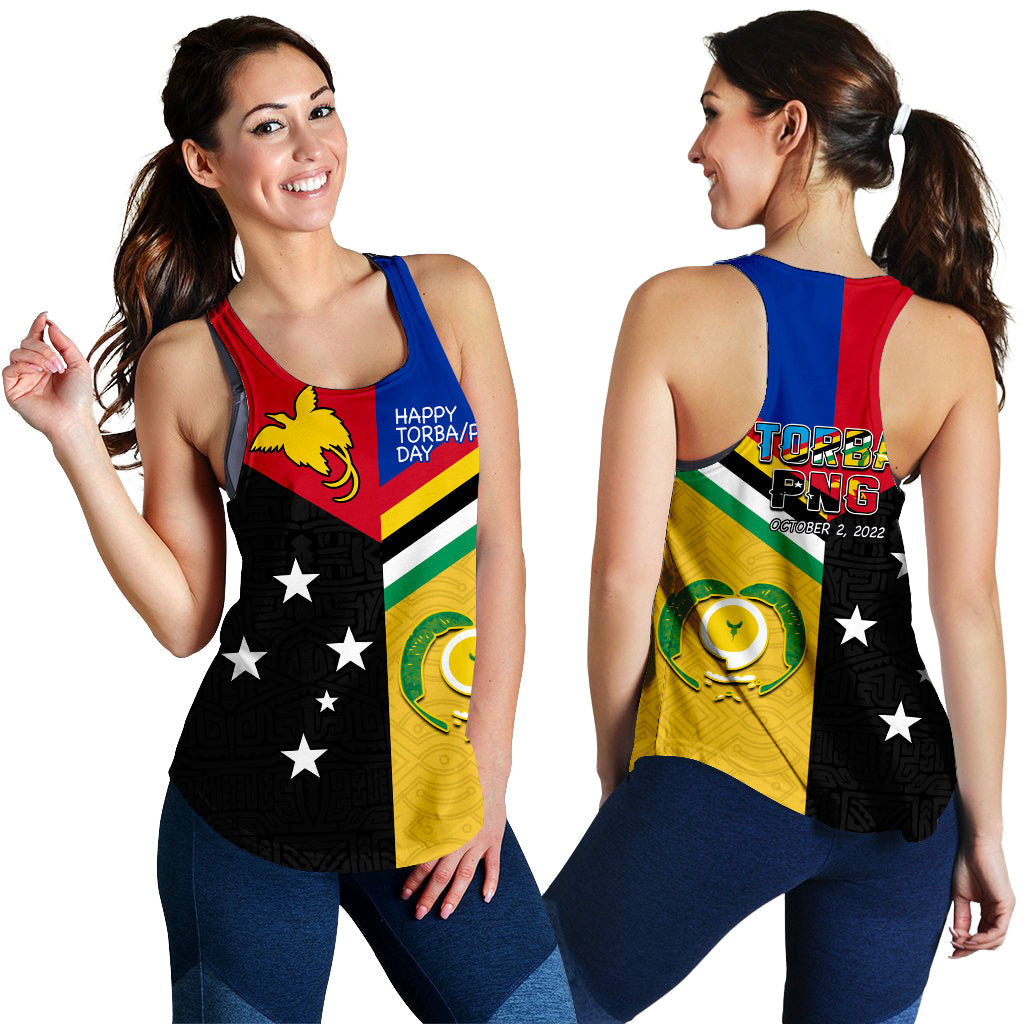 Women's racerback tank top showing multicolor Torba PNG front and back graphics with stars