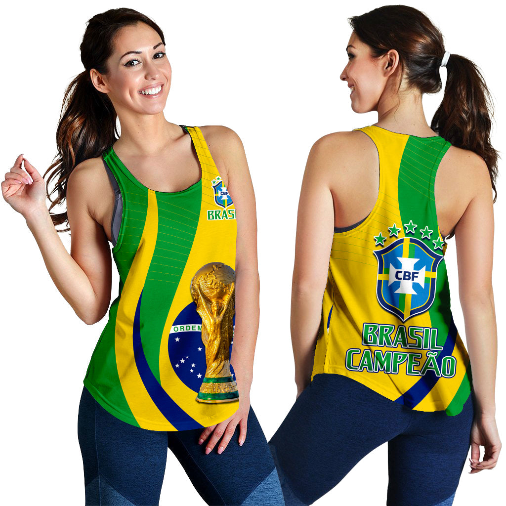 Brazil racerback tank top showing front and back graphics, green/yellow with crest