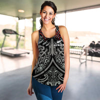 Women’s black racerback tank with tribal pattern and ‘All Blacks’ logo