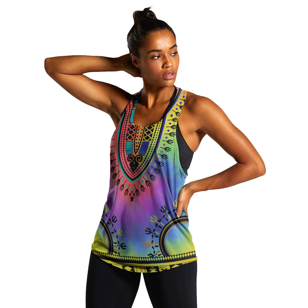 Multicolor racerback tank with dashiki tie-dye African pattern, black neckline hem