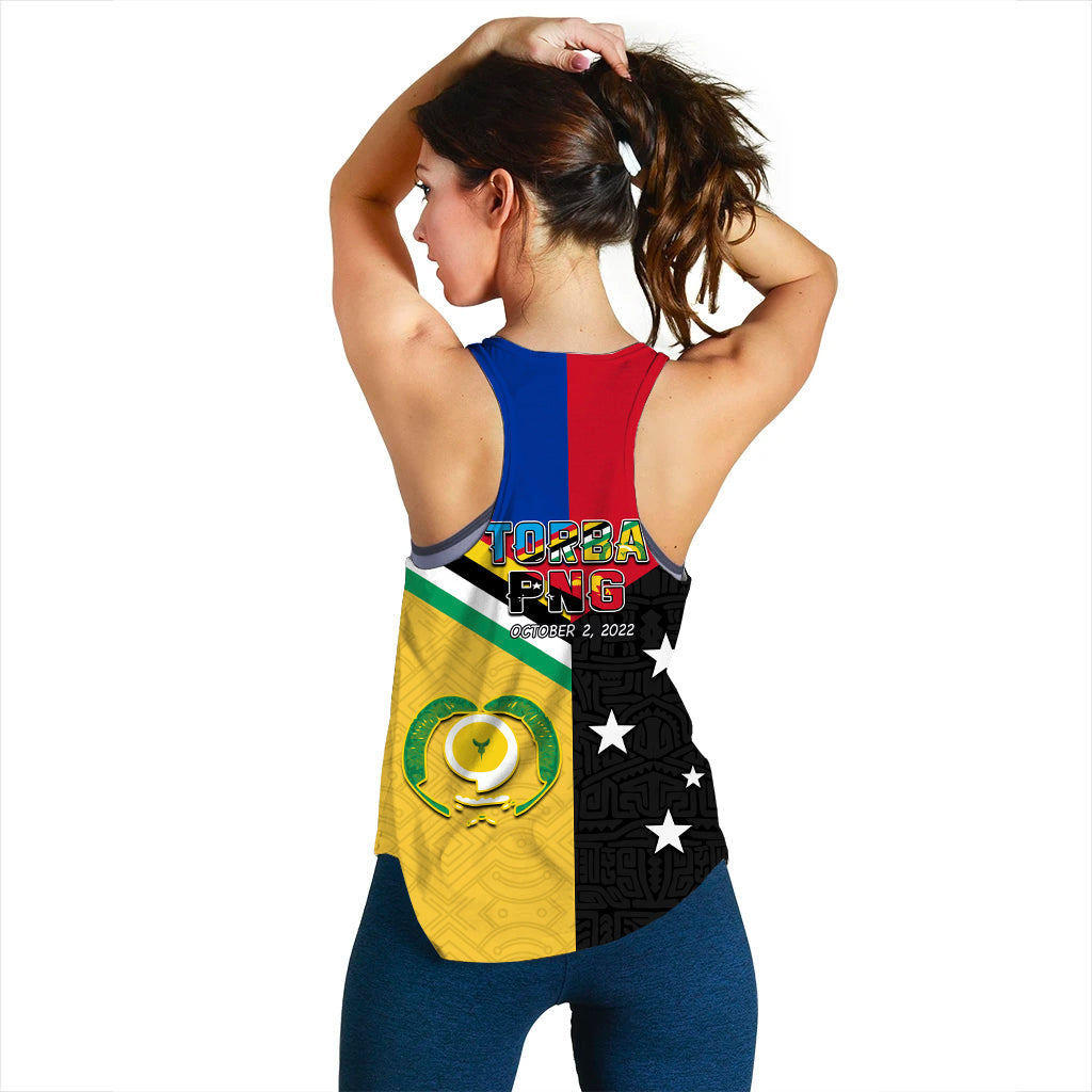 Women's racerback tank top with multicolor back print, TORBA PNG text and emblem