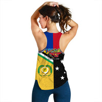 Women's racerback tank top with multicolor back print, TORBA PNG text and emblem