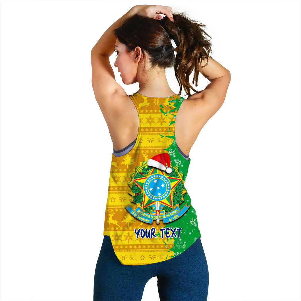 Women’s racerback tank back, green and yellow, Brazil crest and “YOUR TEXT”