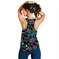 Women’s racerback tank top back view in purple with colorful Hawaiian skeleton and palm print