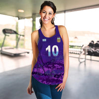 Purple women’s racerback football tank with Argentina badge and flag patch, number 10