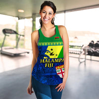 Green racerback tank with blue floral graphic, shield patch, and “MALAMPA FIJI”