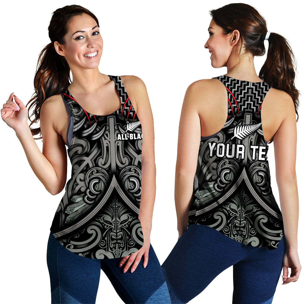 Women’s black racerback tank, front and back view, tribal pattern with ‘YOUR TEX’