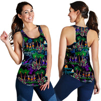 Women’s racerback tank top in purple with colorful Hawaiian skeleton dancers and palm print