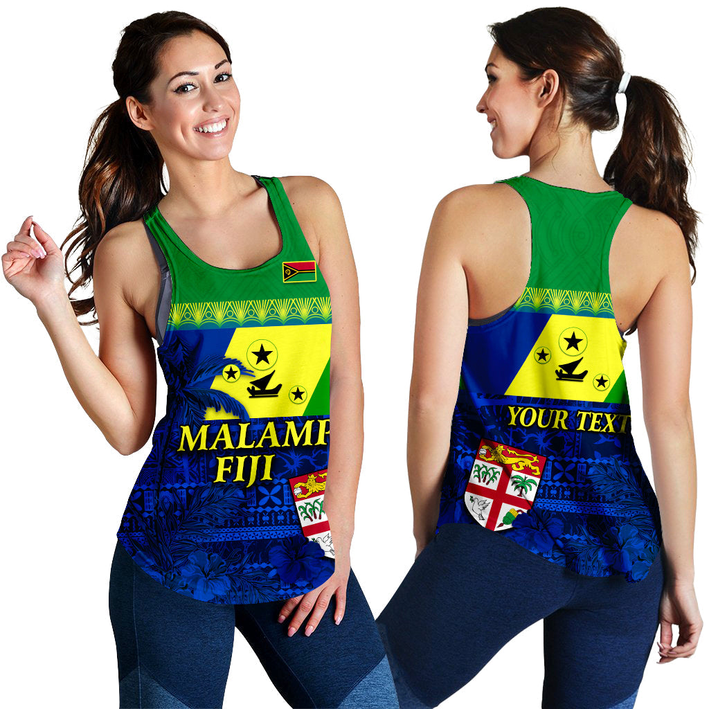 Green racerback tank with back print: “YOUR TEXT” and shield over blue floral design
