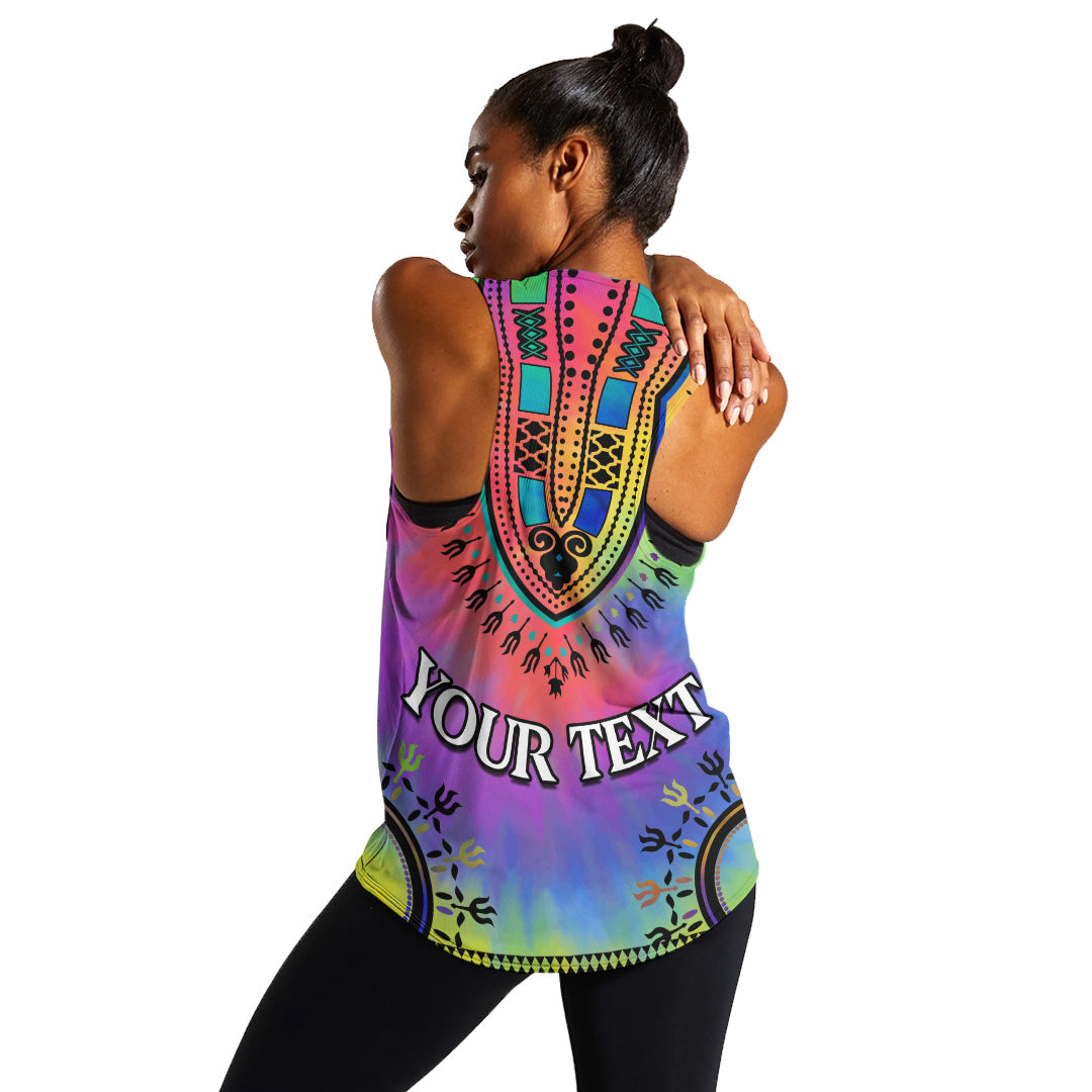 Back graphic racerback tank: “YOUR TEXTS” over multicolor dashiki tie-dye pattern