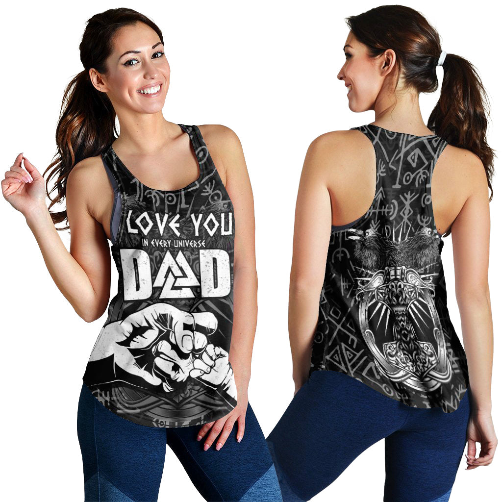 Black women’s racerback tank showing front and back Viking rune and helmet prints