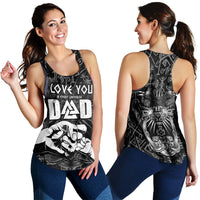 Black women’s racerback tank showing front and back Viking rune and helmet prints