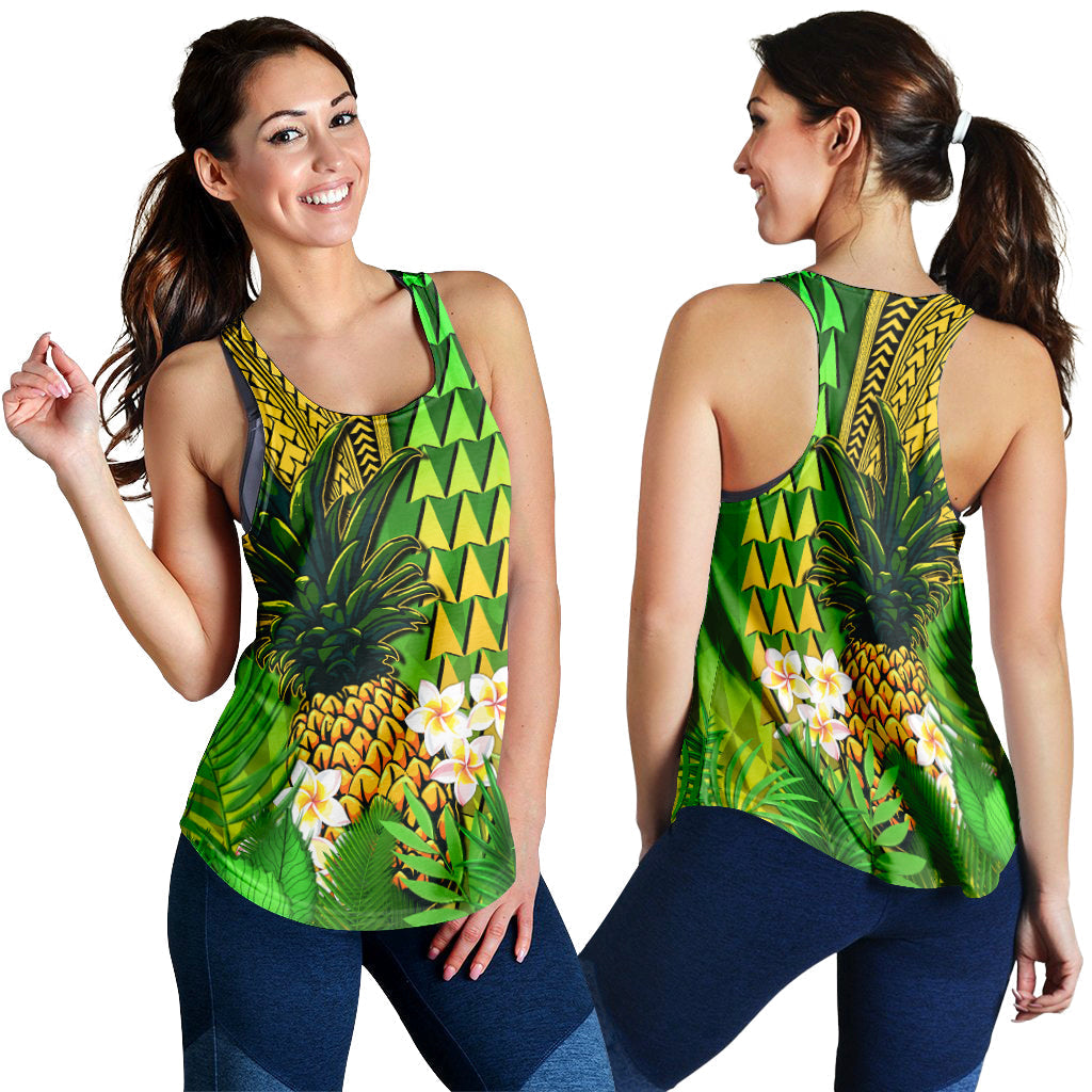 Green racerback tank front and side with pineapple, plumeria, and leafy tropical print