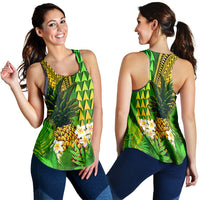 Green racerback tank front and side with pineapple, plumeria, and leafy tropical print