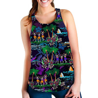 Women’s racerback tank top, purple with multicolor tropical ocean and skeleton dancer scene