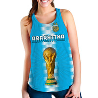 Blue women’s racerback tank with Argentina crest and gold trophy front print